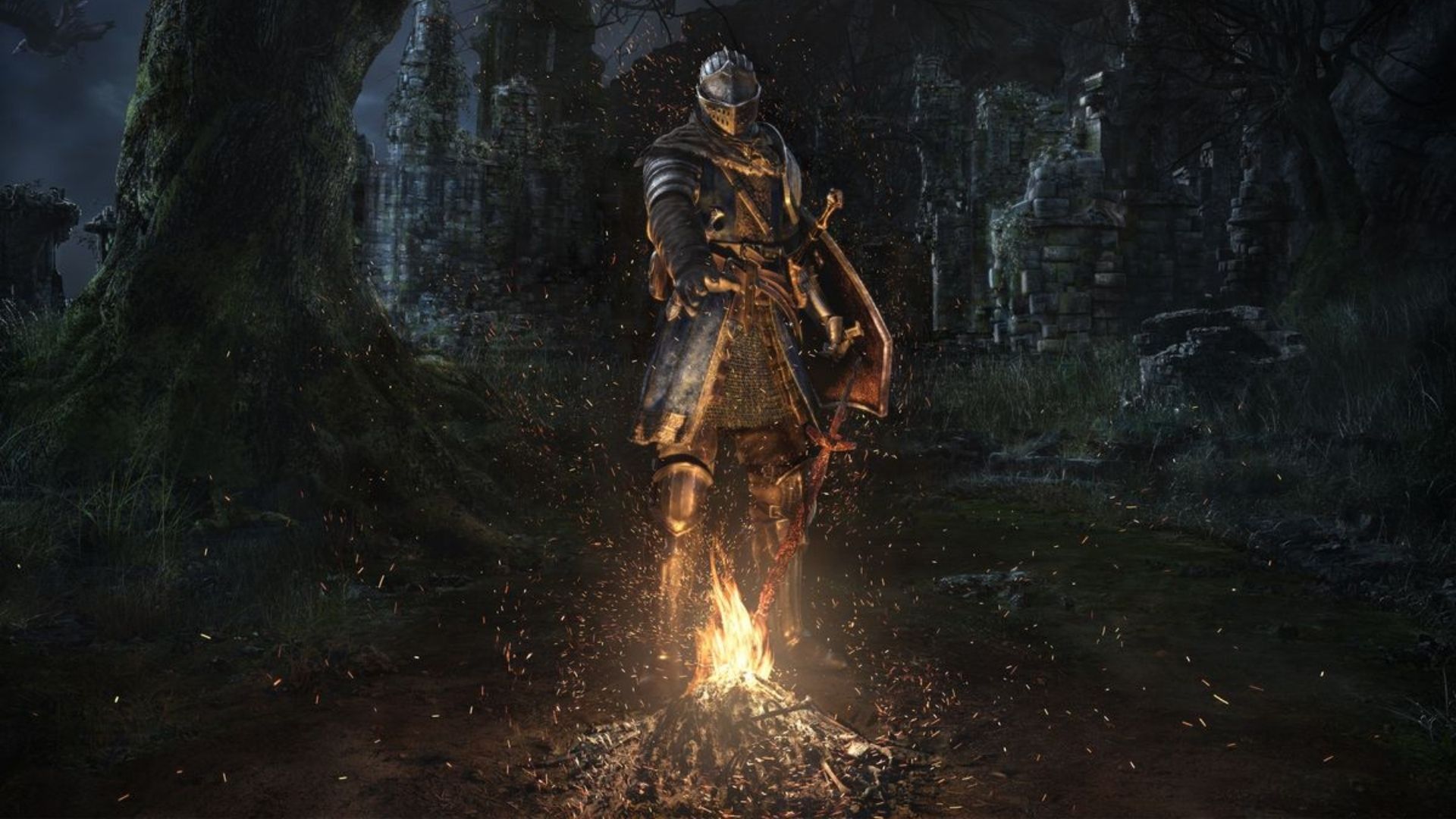 Best knight games: Dark Souls. Image shows a knight lighting a bonfire