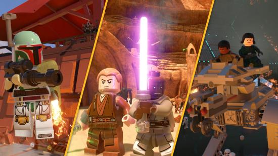 On the left, Bobba Fett flying, aiming his gun. On the right, Finn and Rose riding a walker. In the middle, Anakin and Mace Windu with their lightsabers. Just some of the characters available, and you can get more with out LEGO Star Wars: The Skywalker Saga codes.
