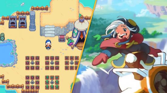 On the right, Art for Moonstone Island, showing a young person in a small dirigible, with birds flying nearby.. On the left, a screenshot from Moonstone Island, showing a character standing on sand-coloured land.