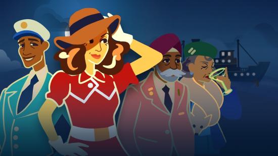 Cartoon characters in a lineup, the focus on a woman in a red dress and wavy hat.