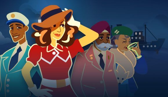 Cartoon characters in a lineup, the focus on a woman in a red dress and wavy hat.