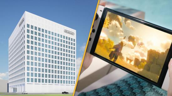 Nintendo HQ Expansion: An image shows the proposed new building that Nintendo will develop, next to a photo of an OLED Switch