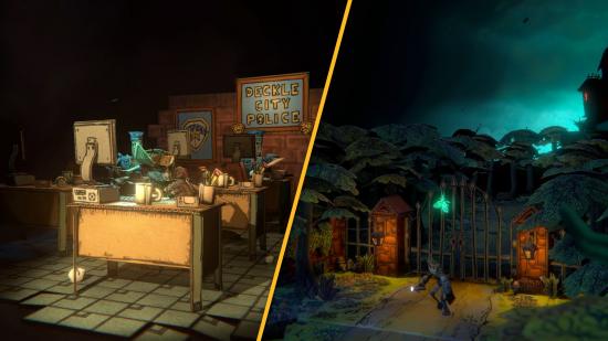 Two screenshots from Paper Cut Mansion in a custom header image split vertically. On the left, a man made of paper in a police office made of cardboard, sat at a cardboard desk, light shining in his face, worriedly working. On the right, a man made of paper holds a flashlight by a gate in between paper trees.