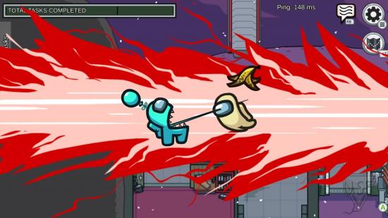 A screenshot from Among Us, a party game, showing a character spearing another, as a red flame shoots across the screen