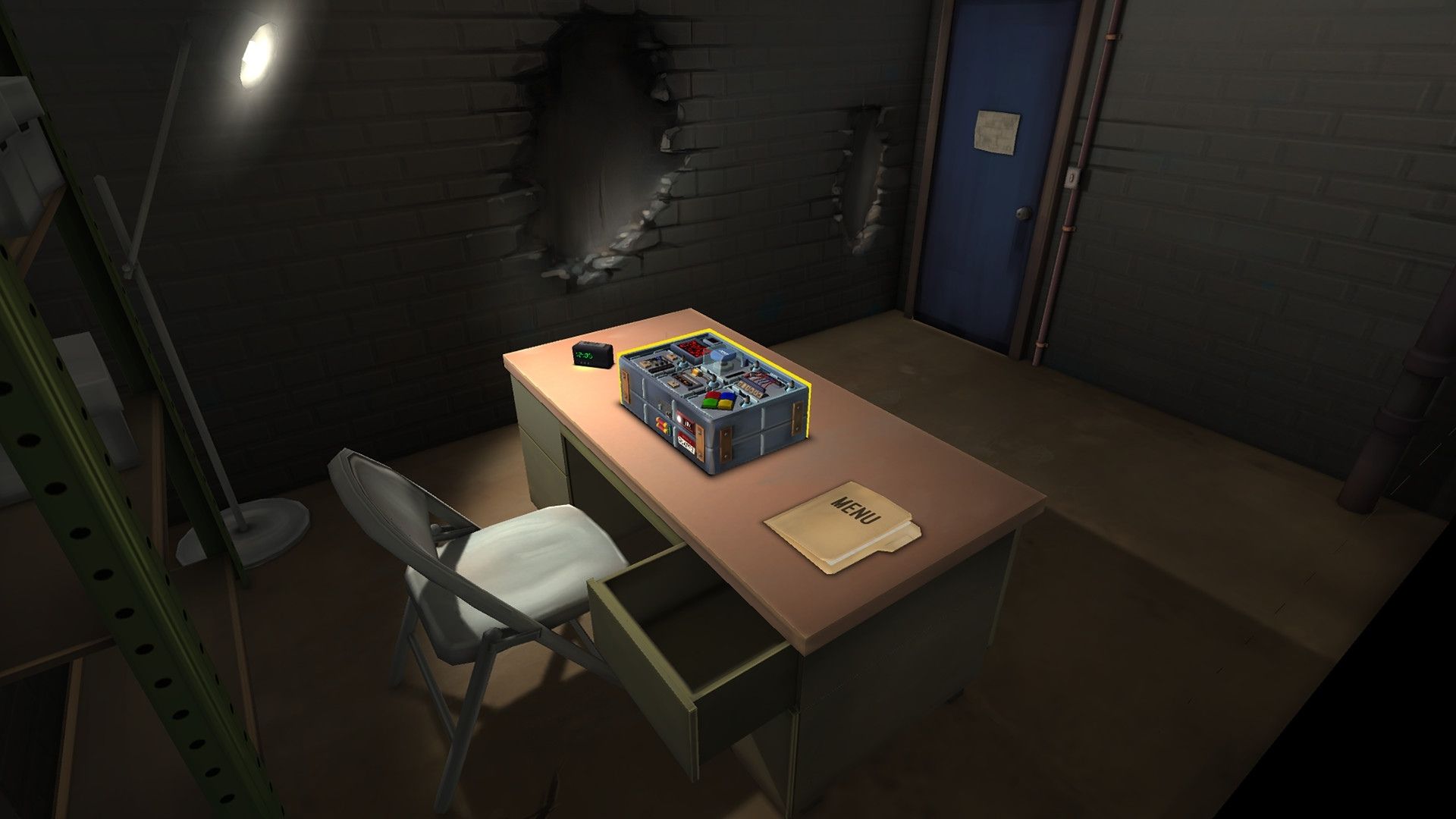 A screenshot from Keep Taking and Nobody Explodes, showing a desk, chair, and a bomb on the desk.