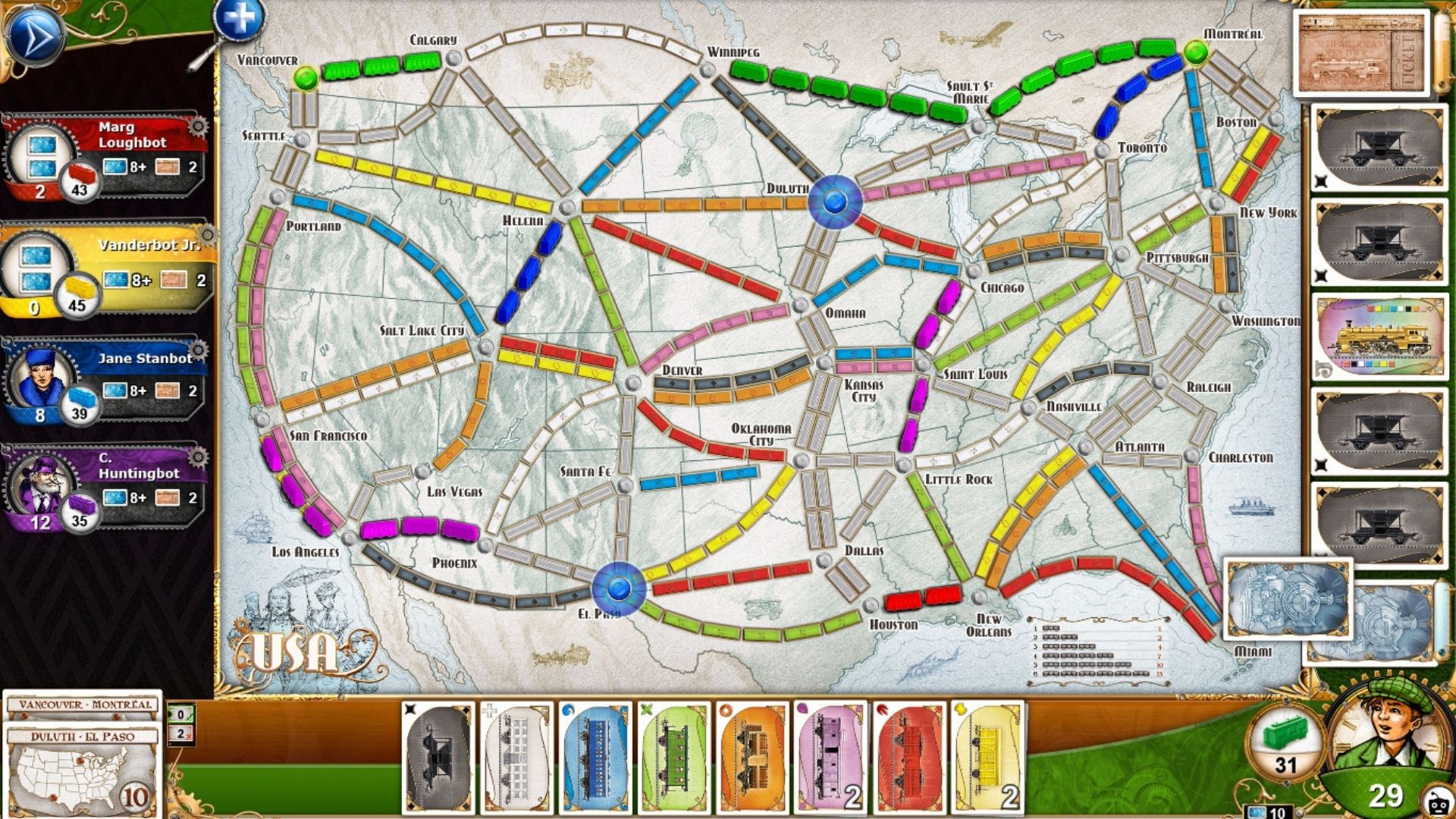 A screenshot from Ticket to Ride, a party game, showing a map with various colourful links drawn across it, depicting rail transportation.