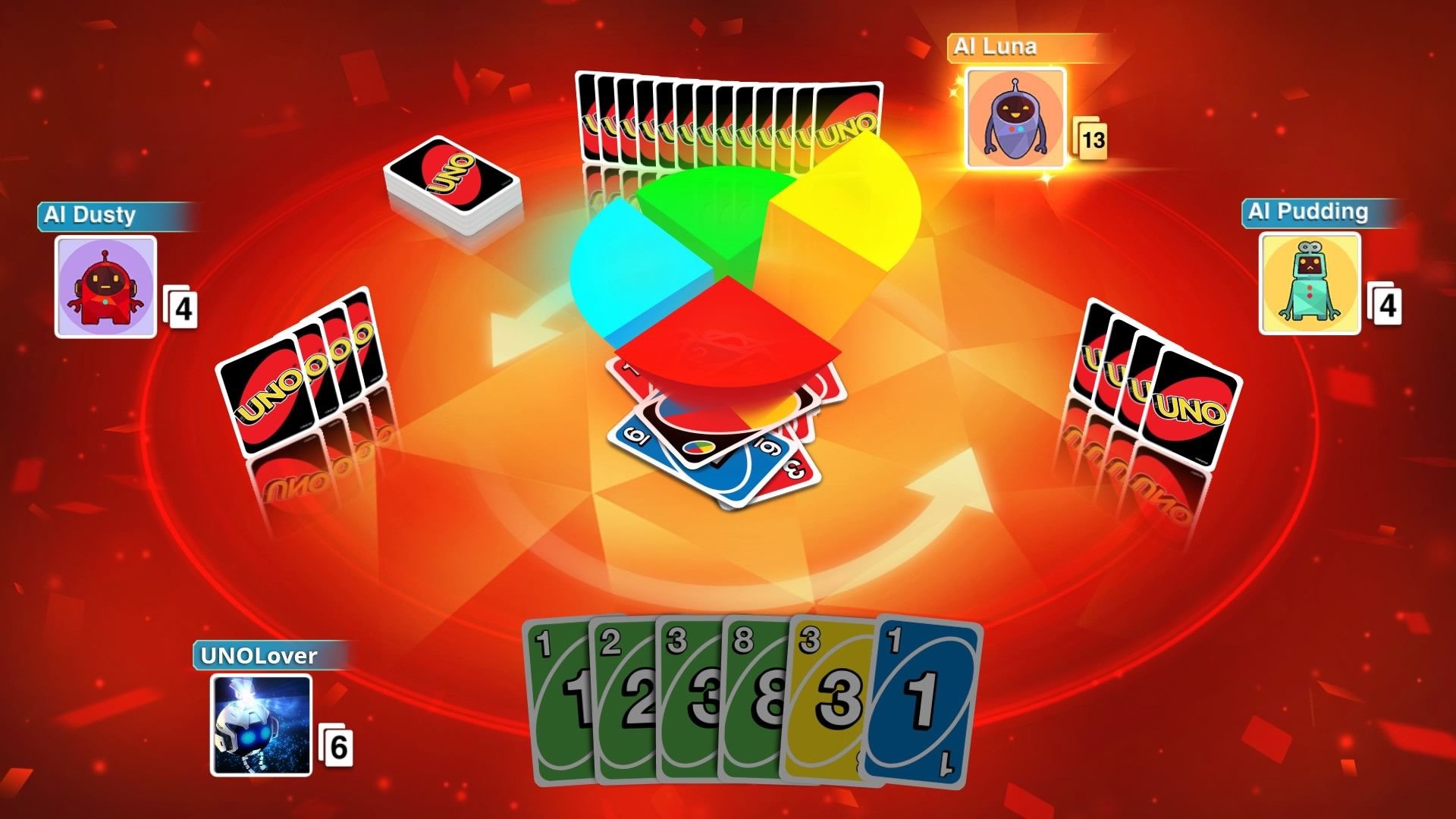 A screenshot from UNO, a party game, showing a circle with four quadrants cut in the middle, one blue, one green, one red, one yellow, and four lines of upstanding cards in a circle around them, with the players cards pointing towards the audience.