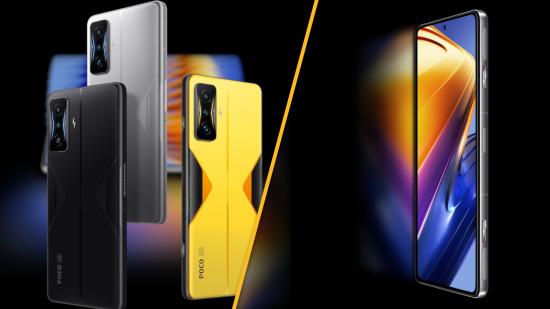 A custom header image for the Poco F4 GT showing two images separated vertically. On the left, the backs of three Poco F4 GTs, one silver, one black, and one yellow. On the right, the front of a Poco F4 GT, it's screensaver glowing on a dark background.