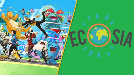 A custom header image for Pokemon Go Sustainability Week with two images, split vertically. On the right, loads of Pokemon and trainers marching along in celebration. On the right, the logo for Ecosia, with the 'o' replaced with a globe.