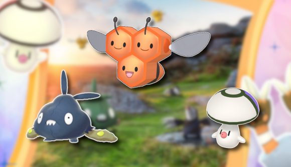 Pokemon Go Sustainability Week: Shiny Combee, Trubbish, and Foongus sprites outlined in white and pasted on a blurred version of the event's key art