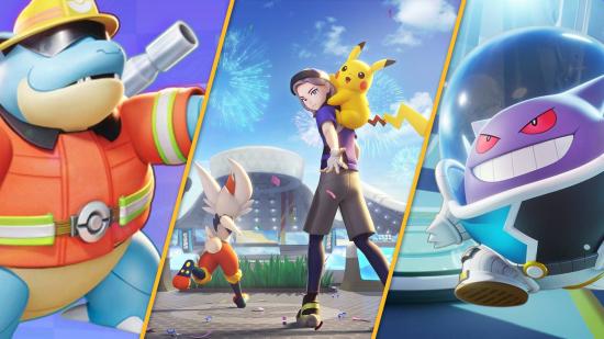 Pokémon Unite premium subscription: key art shows Pokémon unite characters, and Pokémon wearing special outfits