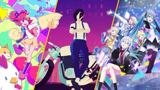 Three of the best rhythm games; Muse Dash, Sayonara Wild Hearts, and characters from Hatsune Miku: Colourful Stage