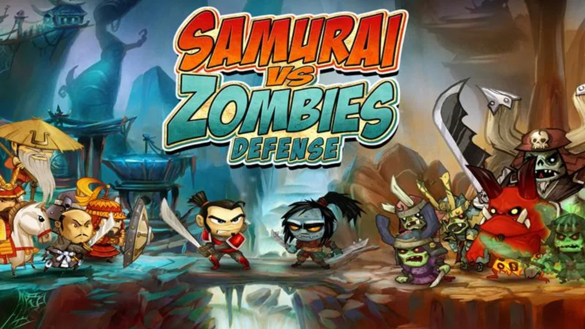 Best samurai games: Samurai vs Zombies Defense. Image shows the game's logo beside a group of zombies and a group of Samurai preparing to fight.