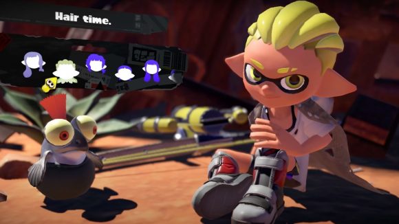 A stylish Splatoon 3 hairstyle. Shown off by a character with grey shoes, yellow hair, sat in the desert with a cliff face behind them,and a small cute fish creature with an orange tuft of hair coming out the top of their head, and the menu options for choosing the hairstyle above.