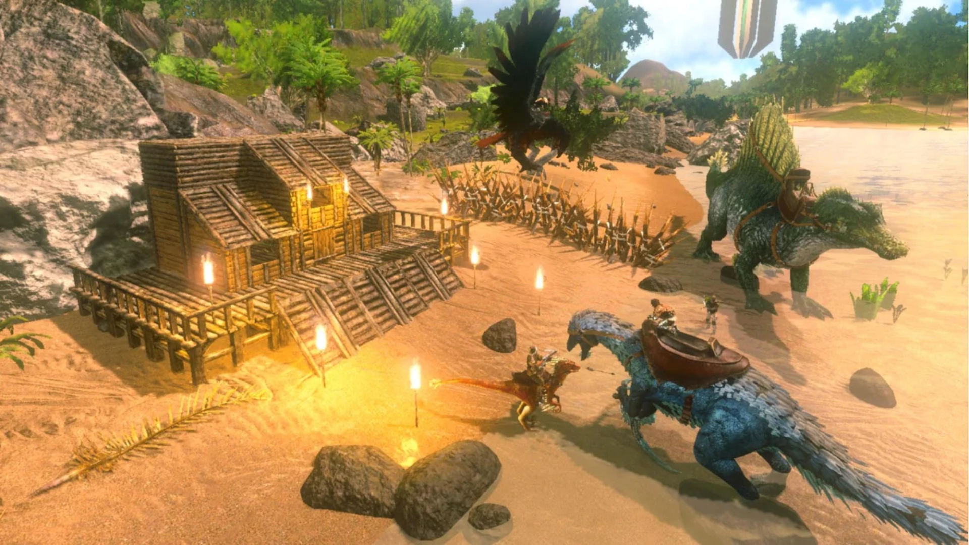 Beste overlevelsesspill på mobil: Ark: Overlevelse utviklet seg. Bildet viser en dinosaur i nærheten av et hus under bygging