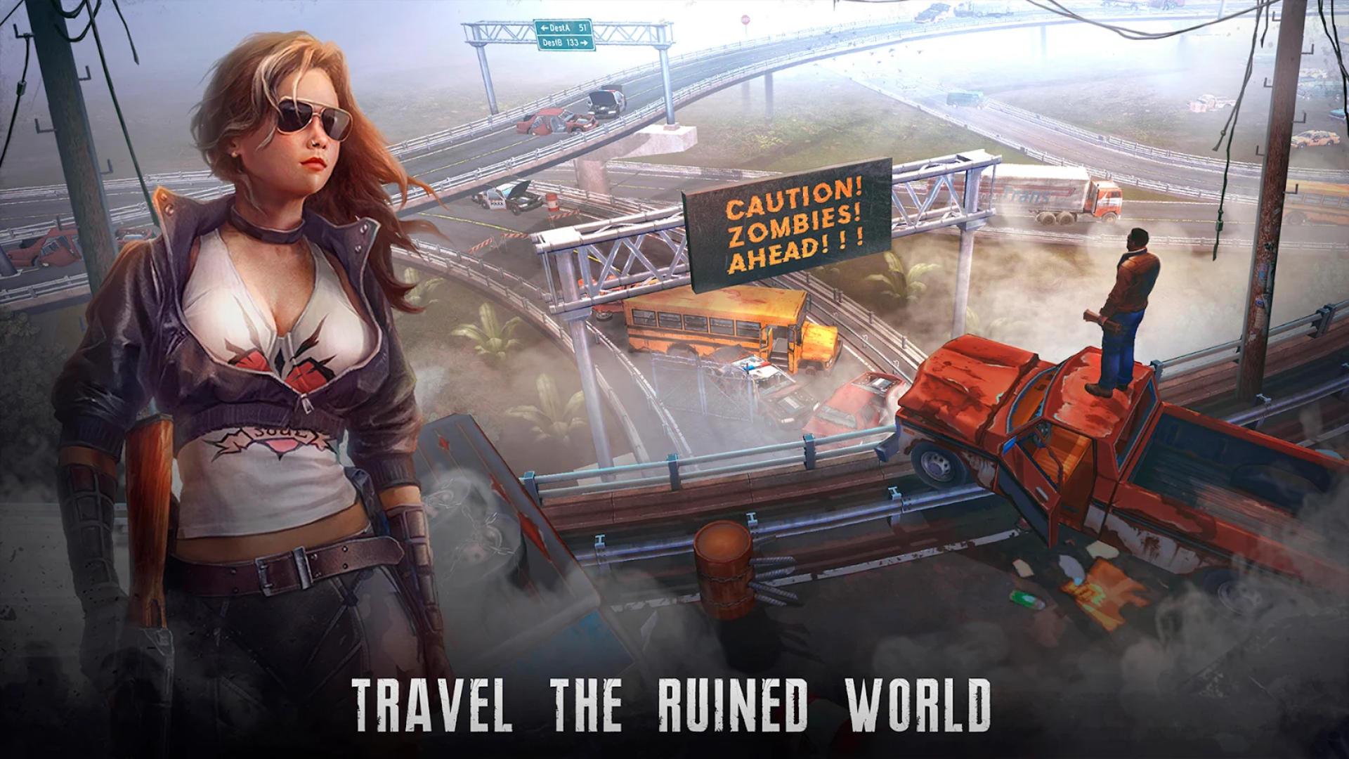 Bästa överlevnadsspel på mobil: Live or Die. Bilden visar en bild av en dam i solglasögon nära en övergiven motorväg, med texten