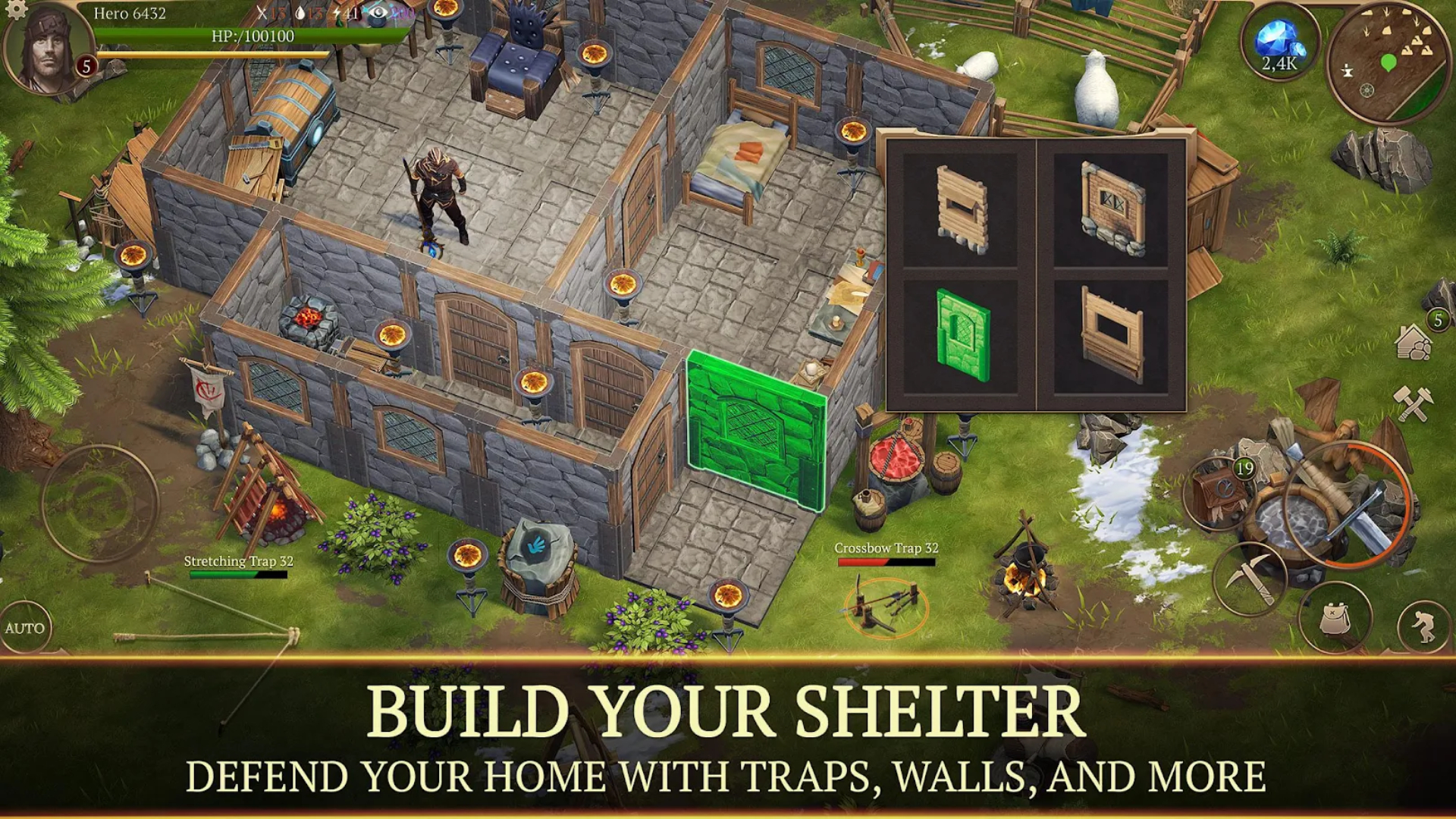 Survival Games Stormfall: Imej menunjukkan sebuah rumah yang ditimbulkan. Teks di bahagian bawah skrin dibaca