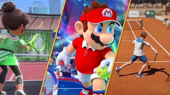 Tennis games custom header with screenshots from Mario Tennis Aces, NIntendo Switch Sports, and Tennis World Tour 2