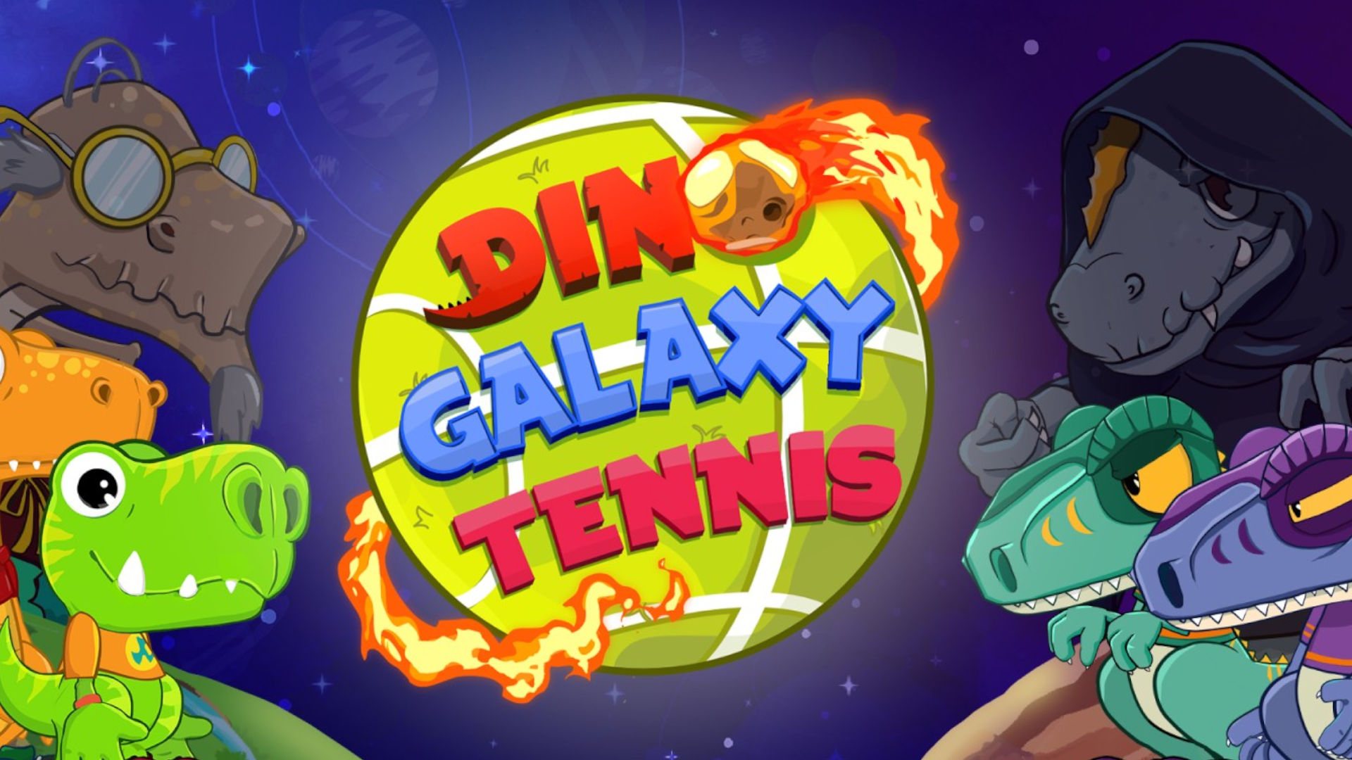 Dino Galaxy Tennis key art, one of the wackier tennis games on Switch