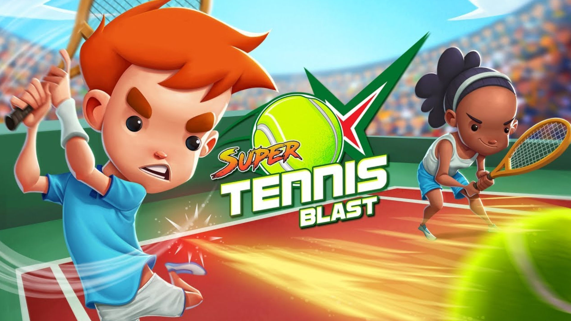 Key art for Super Tennis Blast , one of the Switch arcade tennis games