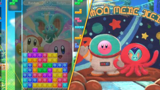 Screenshots from Tetris 99 Kirby Grand Prix and Kirby and the Forgotten Land