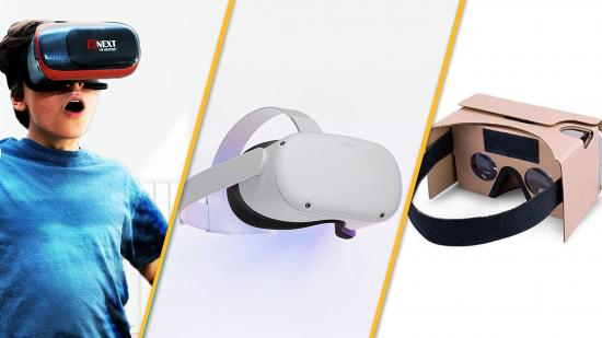 VR headsets for phones displayed in a composite image, the one on the left shows a child wearing a headset and looking shocked by it, the middle is an image of the Oculus Quest 2, then on the right is an image of the Google Cardboard headset.