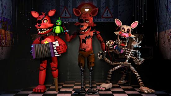 Three versions of the FNAF character Foxy or Mangle