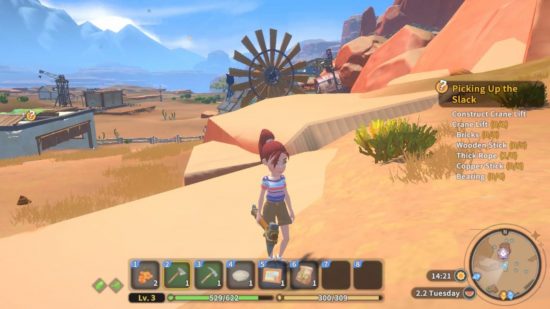 My Time at Sandrock review - a character holding a pickaxe in the middle of a desert area