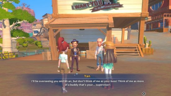 My Time at Sandrock review - characters talking in the middle of a western town.