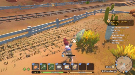 My Time at Sandrock review - a character mining gravel in a grassy field