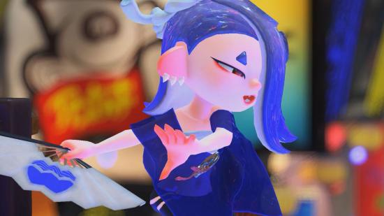 Shiver from Splatoon 3, a woman-like humanoid with pointy ears, a blue outfit, and strange blue hair like playdough.