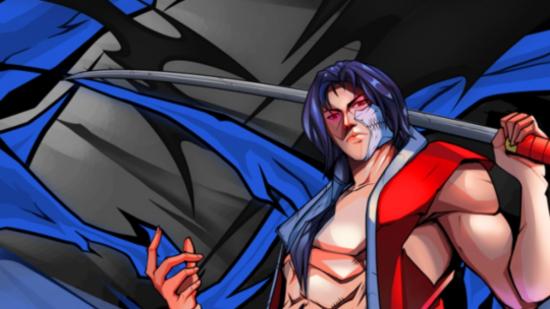 A muscular man in a red and blue jacket strikes a fighting pose in art for Shindo Life.