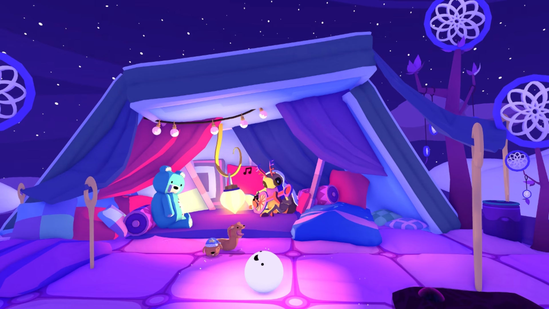 Animal games: Phogs. Image shows a glowing creature sitting in a tent.