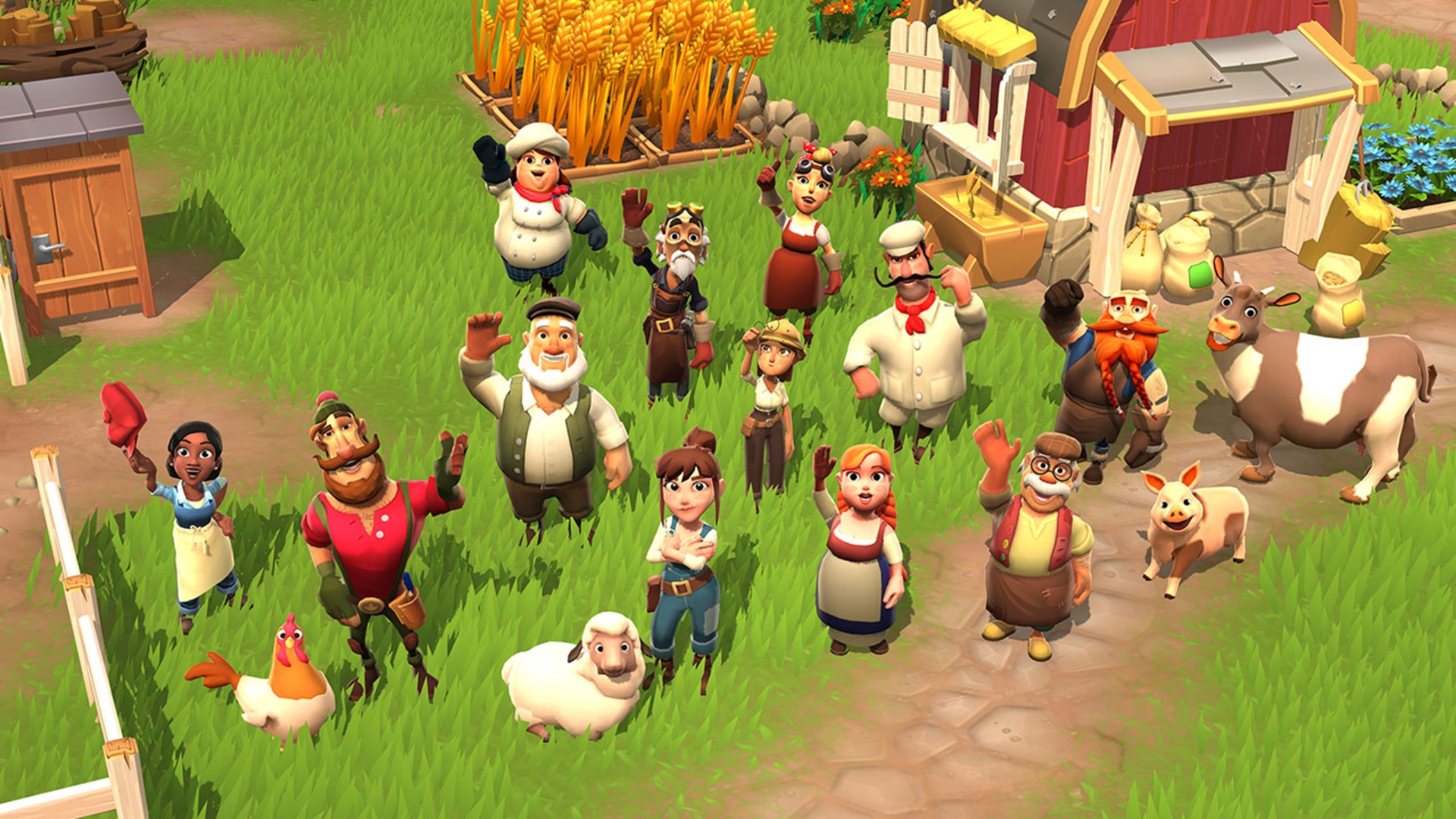 Animal games: Sunrise Village. Image shows a selection of people and animals waving at the camera from a farm.