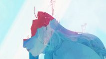 A screenshot from the art game Gris, showing a giant statue of a woman, with the top of hear head detached, crumbling.