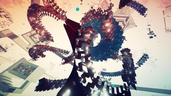 A scene from the art game Manifold Garden, showing various geometric shapes swirling around in an abstract space, with colours of beige and red, blue and gold.