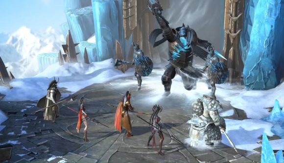 Best gacha games: Raid: Shadow Legends, a screenshot shows a group of warriors about to fight a giant beast in an icy location.