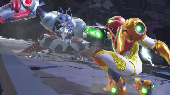 Best Nintendo Switch games: Samus Aran lifts her arm cannon ready to attack a warrior Chozo 