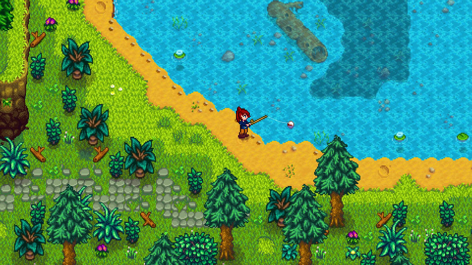Best Nintendo Switch games: a pixelated scene shows a character stoodin a meadow, ready to fish in a lake 