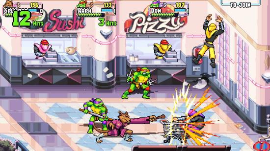 best multiplayer games: a screen shot from Teenage Mutant Ninja Turtles: Shredder's Revenge shows the four ninja turtles battling the foot clan 