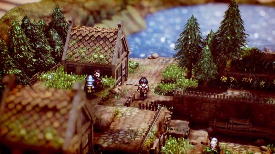 best switch strategy games: A pixelated scene shows a male character walking through a scenic village