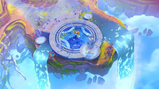 A shot of a ledge from Catalyst Black. Waterfalls cascade off it and a player stands in the middle. Everything is brightly coloured.
