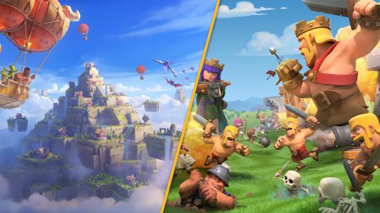 A custom header image with two pieces of artwork for Clash of Clans Clan Capital. On the left, a fortress in the sky that sort of looks like a Ziggurat, except with building on the different levels. On the right, large burly blonde men fighting on a grassy battlefield.