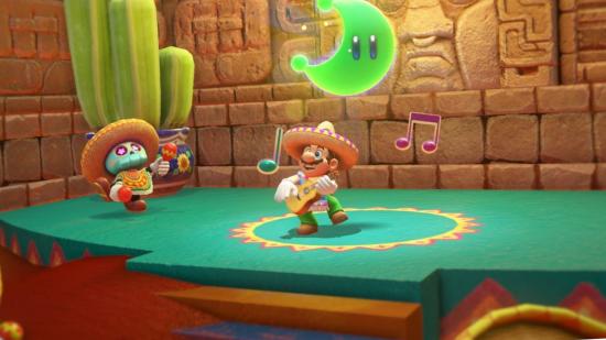 Mario in a sombrero playing a guitar, with a green moon floating above his head, in Super Mario Odyssey.
