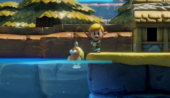 Link catches a fish in The Legend of Zelda: Link's Awakening, and it looks pretty cute.