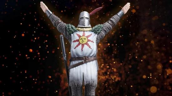The Dark Souls Solaria amiibo, in the 'Praise the Sun' pose (both arms held up in a Y shape).