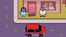 Two animal characters from Deltarune, standing on a streetwise as a red car passes them.