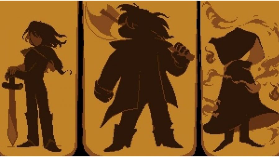 Three characters' silhouettes, one with an axe, one with a sword, and one in a cloak.