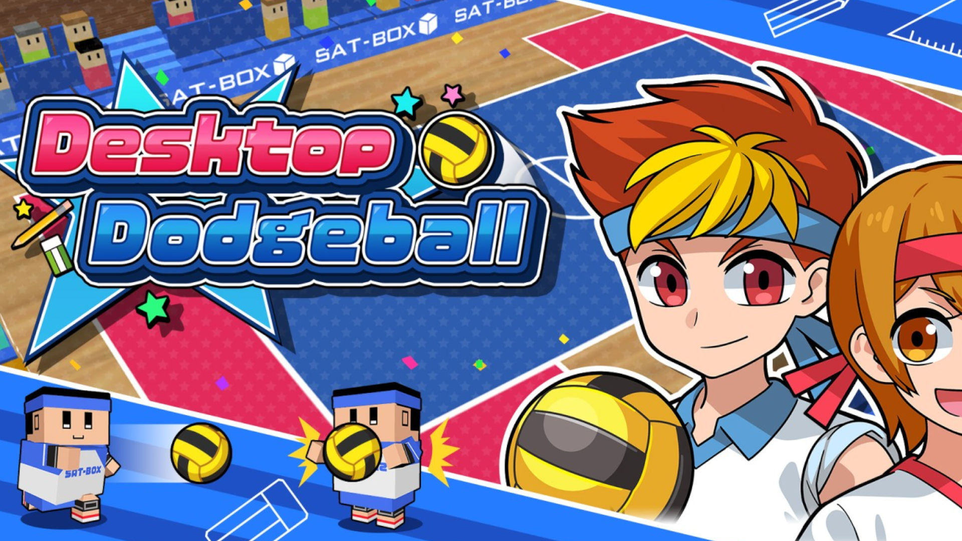 Desktop Dodgeball cover art with mini players and key art