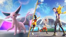 Custom header for Espeon Pokémon Unite article with key art of the game screenshots